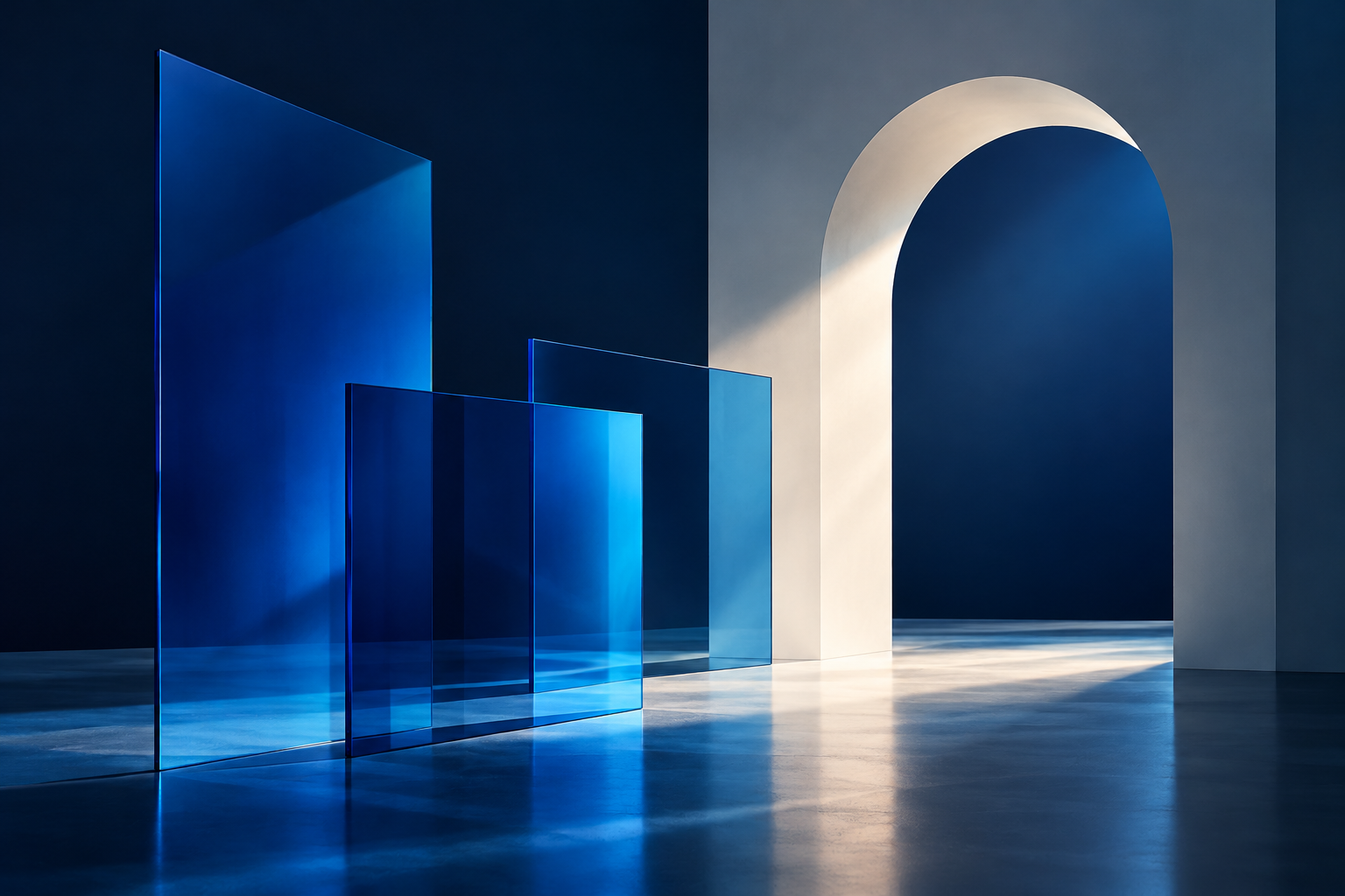 Abstract blue glass architecture with light passing through an arch